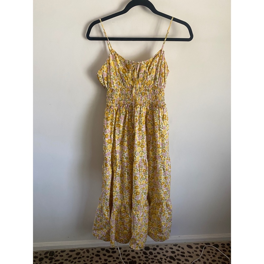 WAYF Women Yellow Floral Smocked Tiered Midi Dress Small Retro Cottagecore Boho